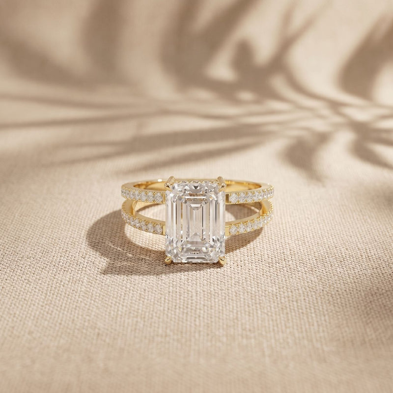 3.40CTW Emerald Cut Split Shank Pavé Lab Grown Diamond Engagement Ring For Women Gold