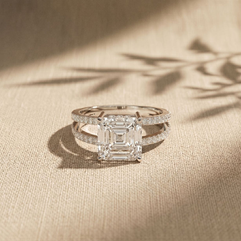 3.40CTW Asscher Cut Sculpted Split Shank Lab Grown Diamond Engagement Ring For Women White 