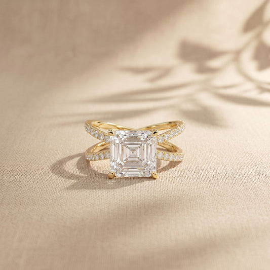 4CTW Asscher Cut Twisted Crossover Lab Grown Diamond Engagement Ring For Women Gold