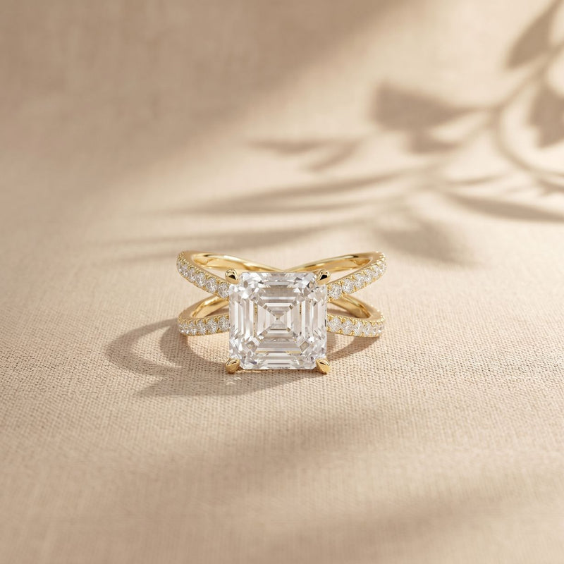 4CTW Asscher Cut Twisted Crossover Lab Grown Diamond Engagement Ring For Women Gold