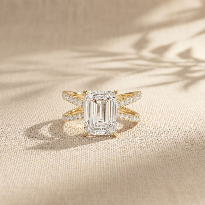 4CTW Emerald Cut Interwoven Band Lab Grown Diamond Engagement Ring For Women Gold