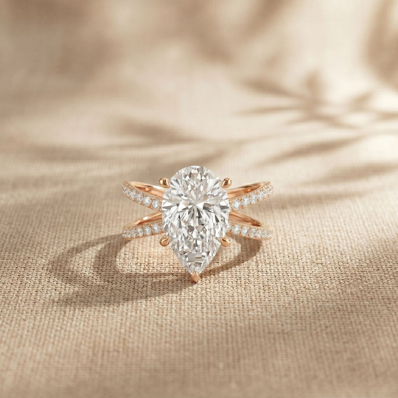 4CTW Pear Cut Graceful Crossover Lab Grown Diamond Engagement Ring For Women Rose Gold