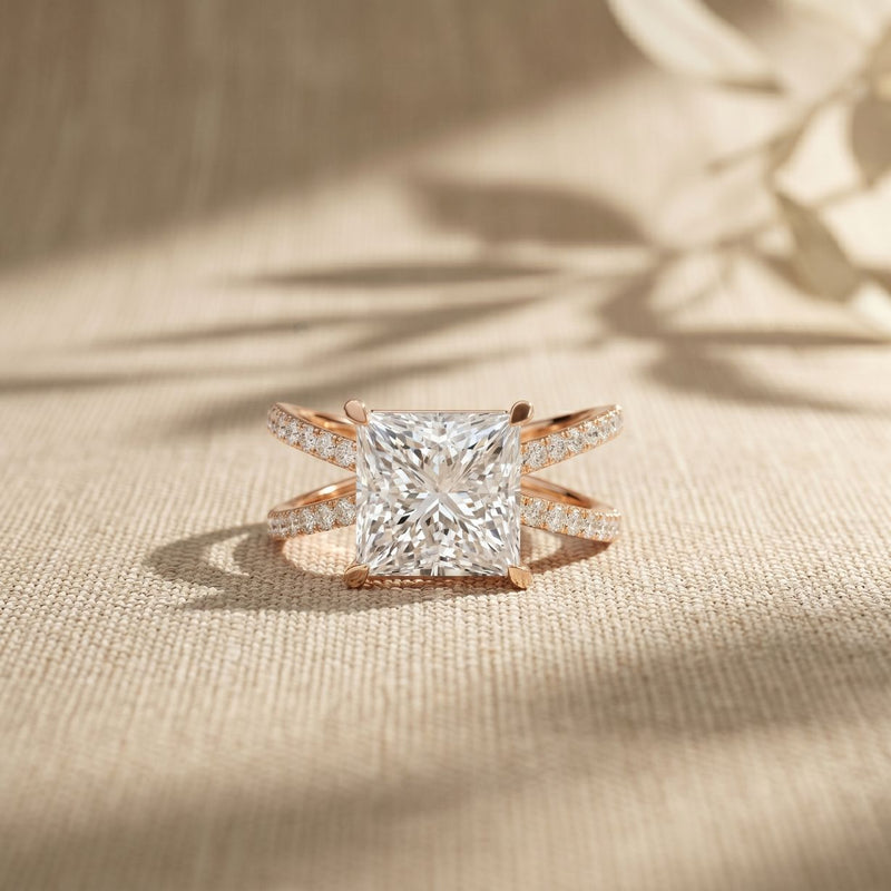 4CTW Princess Cut Sculptural Twist Lab Grown Diamond Engagement Ring For Women Rose Gold