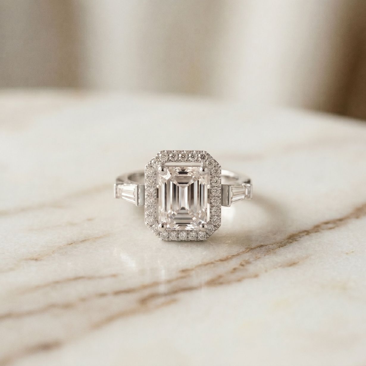 2.85CTW Emerald Cut Halo Lab Grown Diamond Engagement Ring For Women White