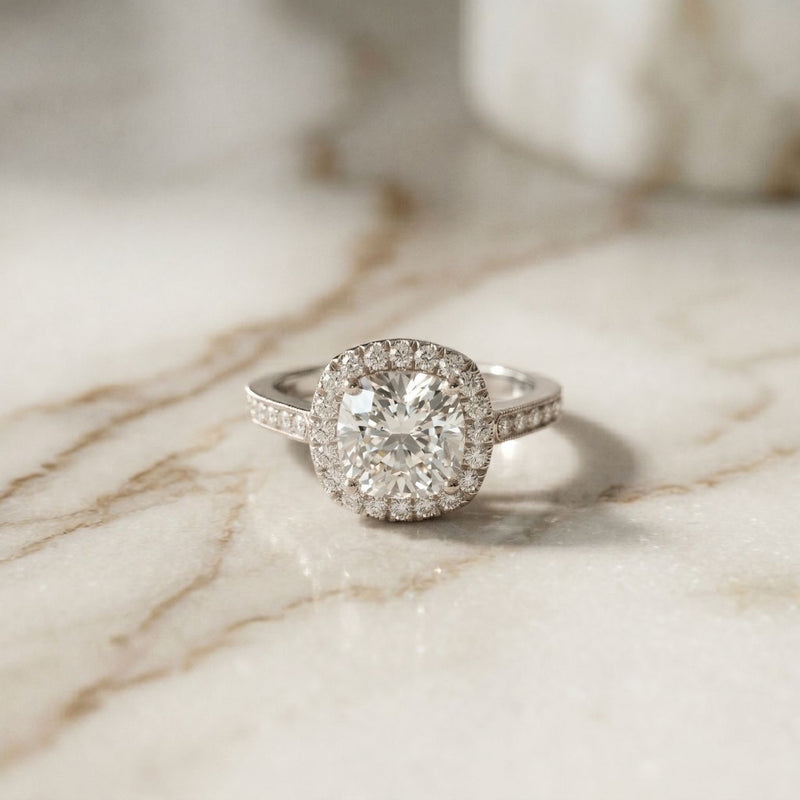 2.25CTW Cushion Halo Pavé Lab Grown Diamond Engagement Ring For Women White