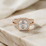 2.40CTW Asscher Cut Halo Split Shank Lab Grown Diamond Engagement Ring For Women Rose Gold