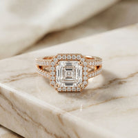 2.40CTW Asscher Cut Halo Split Shank Lab Grown Diamond Engagement Ring For Women Rose Gold
