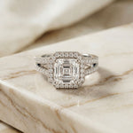 2.40CTW Asscher Cut Halo Split Shank Lab Grown Diamond Engagement Ring For Women White