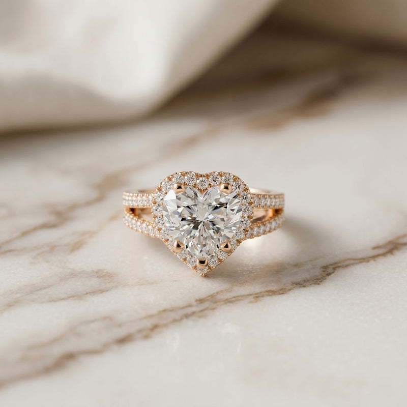 2.45CTW Heart Halo Contemporary Split Shank Lab Grown Diamond Engagement Ring Rose Gold