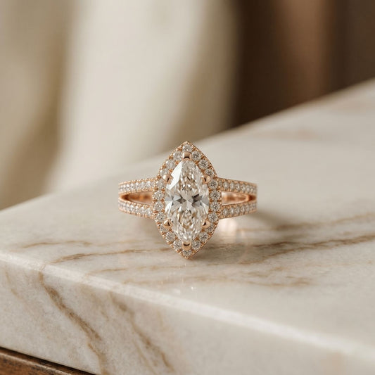 2.45CTW Marquise Halo Double Split Shank Lab Grown Diamond Engagement Ring For Women Rose Gold