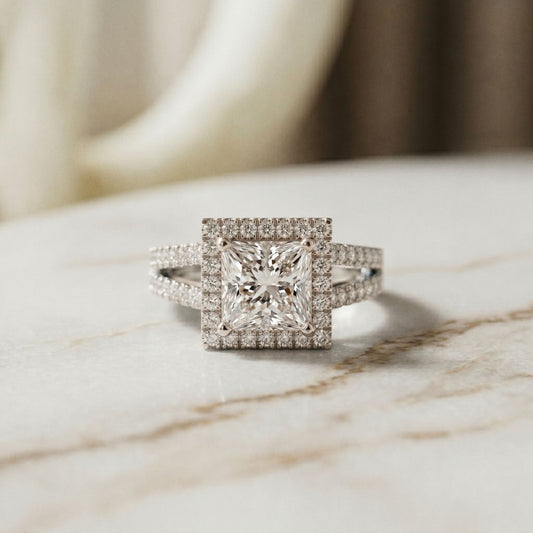 2.45CTW Princess Cut Halo Double Split Shank Lab Grown Diamond Engagement Ring For Women White 