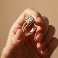 2.45CTW Radiant Halo Multi Row Pavé Lab Grown Diamond Engagement Ring Rose Gold