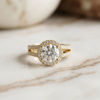 2.45CTW Round Halo Contemporary Split Shank Lab Grown Diamond Engagement Ring Gold