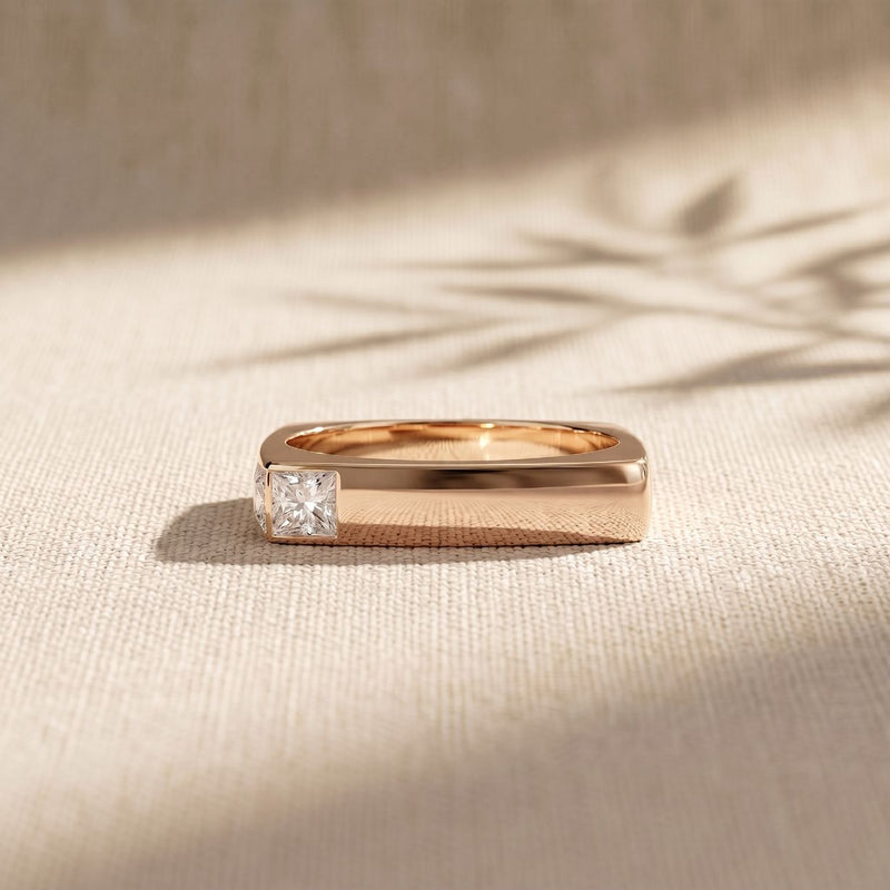 0.7CTW Princess Minimalist Corner Accent Lab Grown Diamond Ring For Men Rose Gold