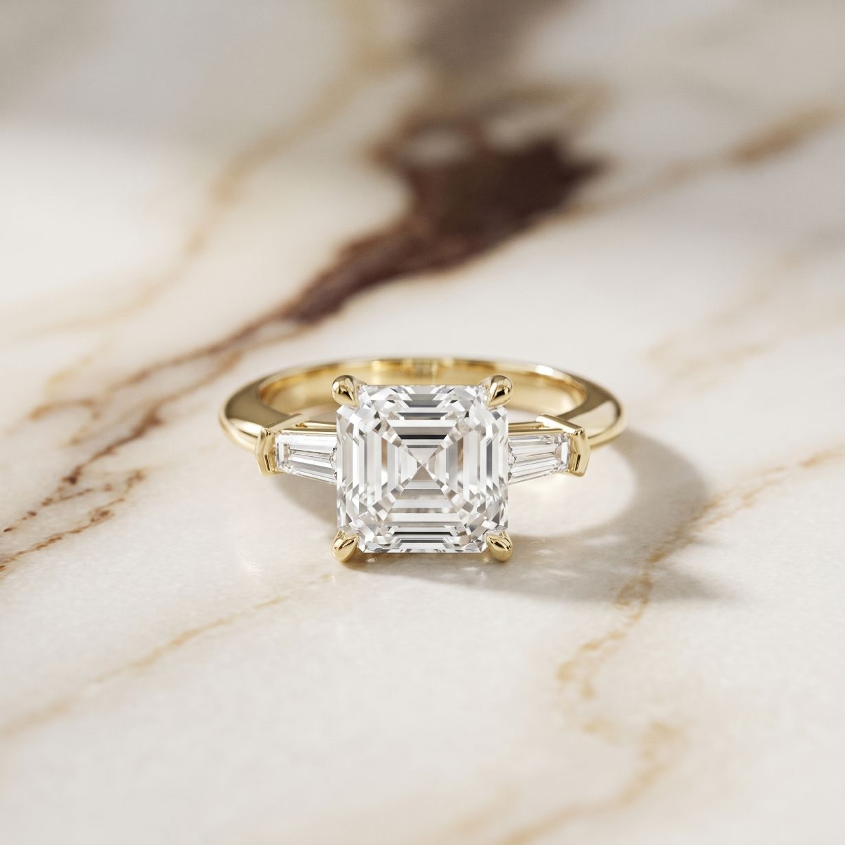 3.30ctw Asscher Lab Grown Diamond Celestique Three Stone Ring