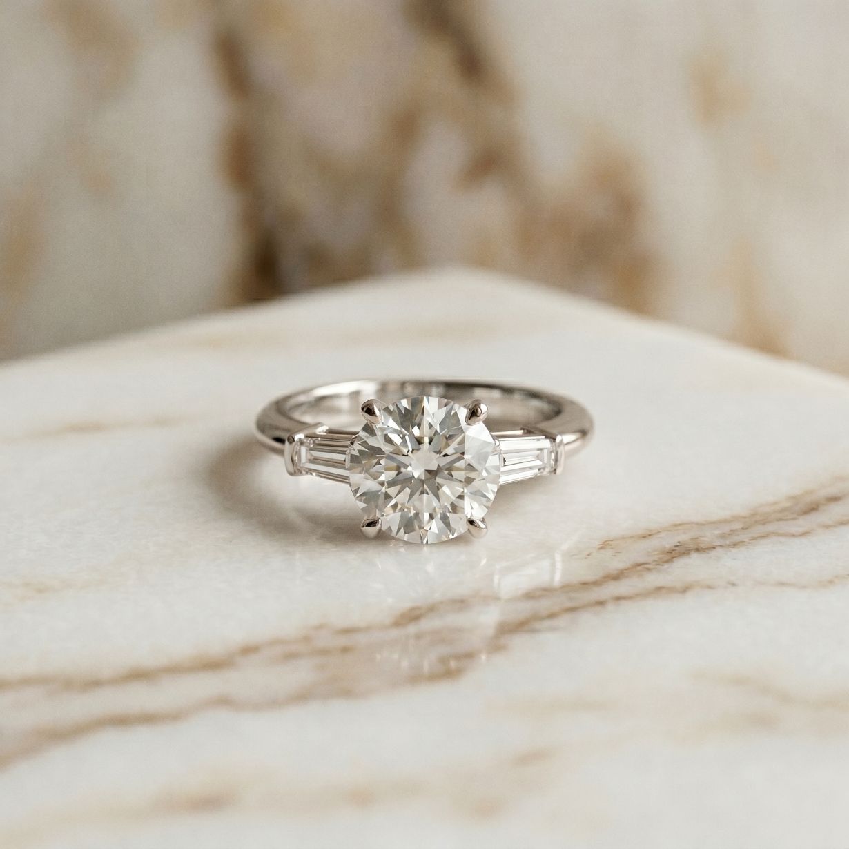 Round Lab Grown Diamond Celestia Three Stone White Gold Ring