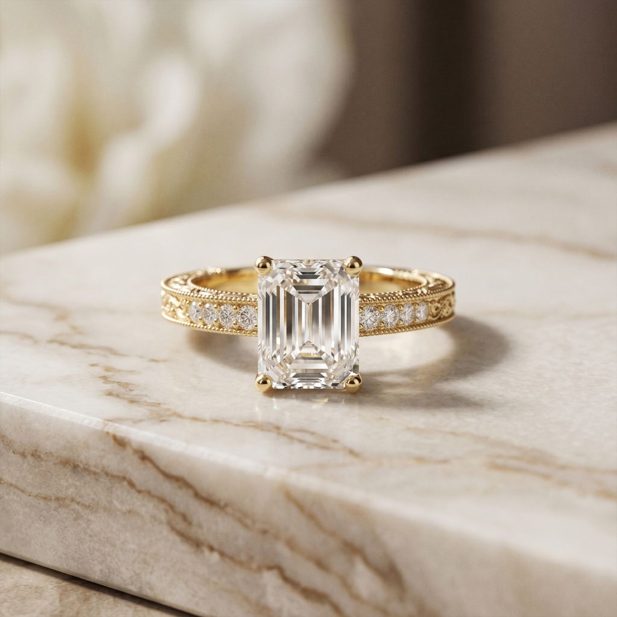 2.20CTW Emerald Cut Vintage Engraved Lab Grown Diamond For Women Gold