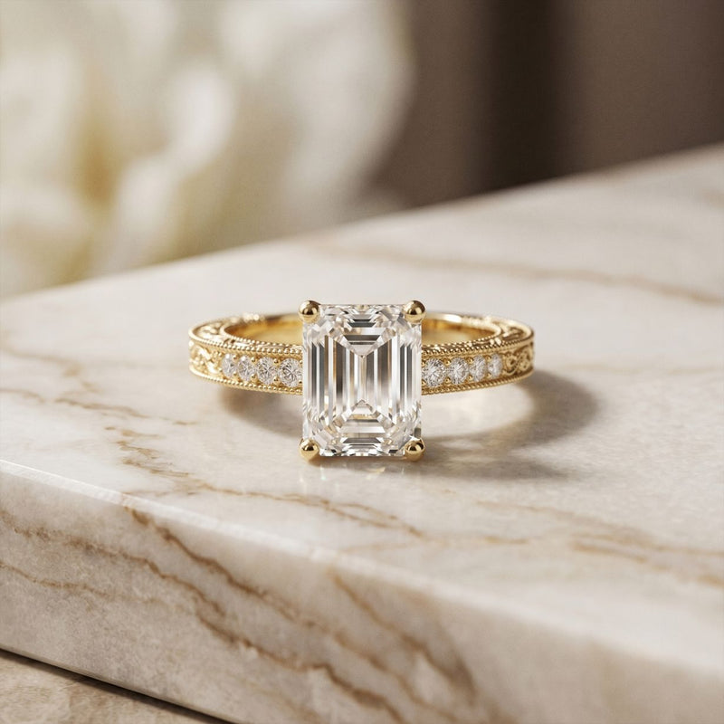 2.20CTW Emerald Cut Vintage Engraved Lab Grown Diamond For Women Gold