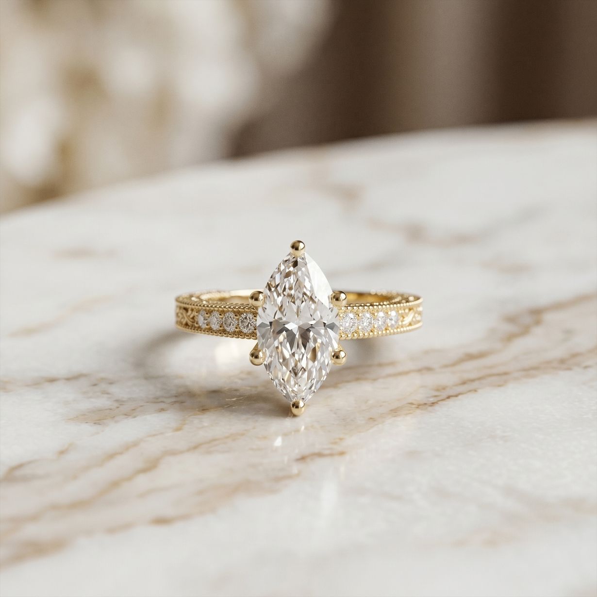 2.25CTW Marquise Antique Inspired Lab Grown Diamond  Ring For Women Gold