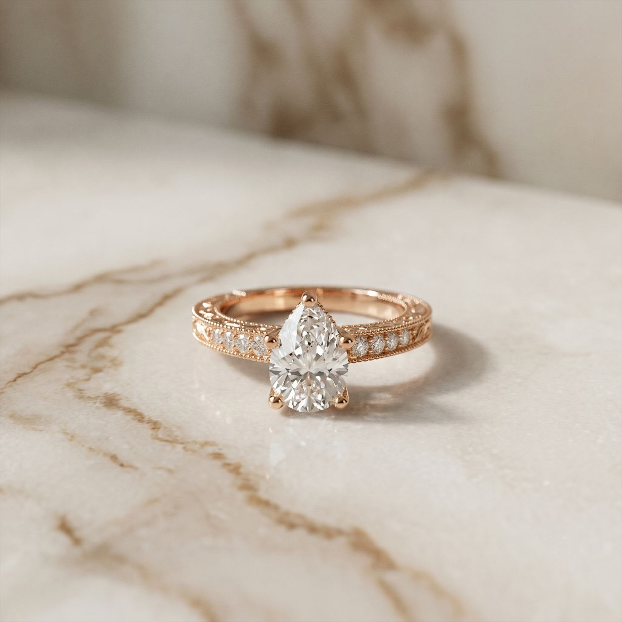 2.20CTW Pear Cut Vintage Scrollwork Lab Grown Diamond For Women Rose Gold
