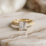 2.20CTW Princess Cut Ornate Milgrain Lab Grown Diamond Engagement Ring For Women Gold