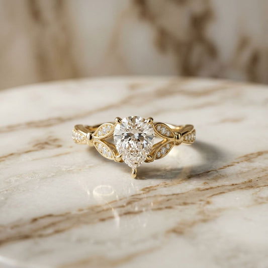 1.80CTW Pear Cut Leaf Design Lab Grown Diamond Engagement Ring For Women Gold