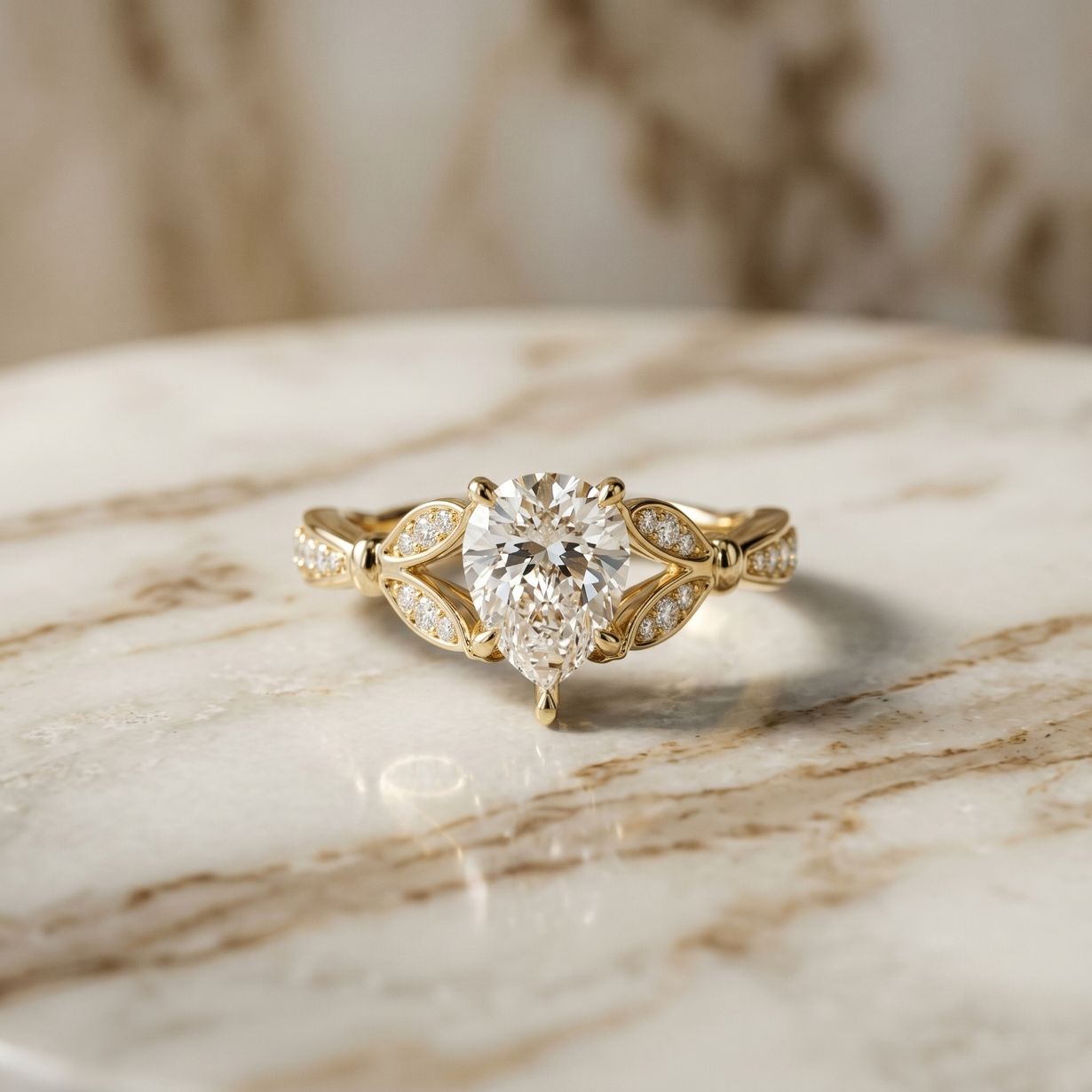 1.80CTW Pear Cut Leaf Design Lab Grown Diamond Engagement Ring For Women Gold