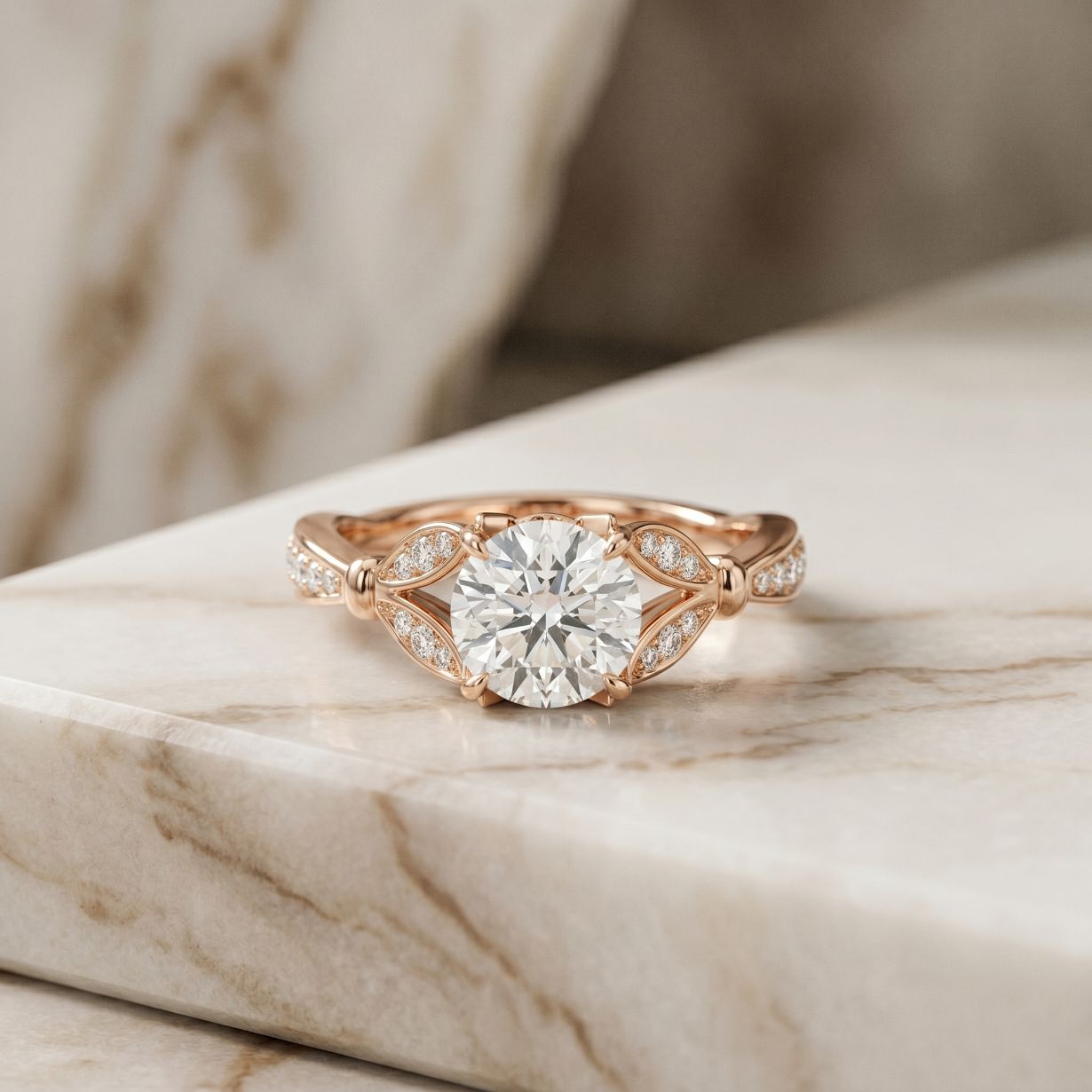 1.80CTW Round Cut Elegant Leaf Accent Lab Grown Diamond Ring For Women Rose Gold