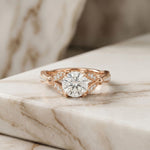1.80CTW Round Cut Elegant Leaf Accent Lab Grown Diamond Ring For Women Rose Gold