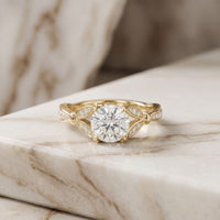 1.80CTW Round Cut Elegant Leaf Accent Lab Grown Diamond Ring For Women Gold