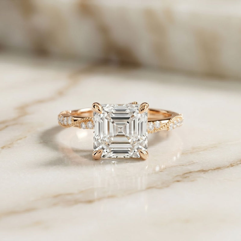 2.95CTW Asscher Cut Vintage Milgrain Lab Grown Diamond Ring For Women Rose Gold