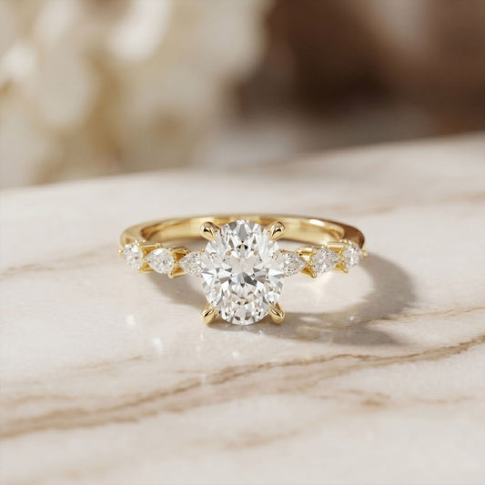 2.35CTW Oval Cut Pear Accent Lab Grown Diamond Ring For Women Gold