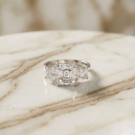 Emerald &  Square Lab Grown Diamond Meridian Three Stone Ring For Her