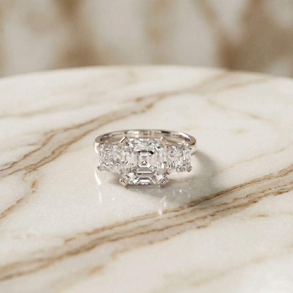 Emerald &  Square Lab Grown Diamond Meridian Three Stone Ring For Her