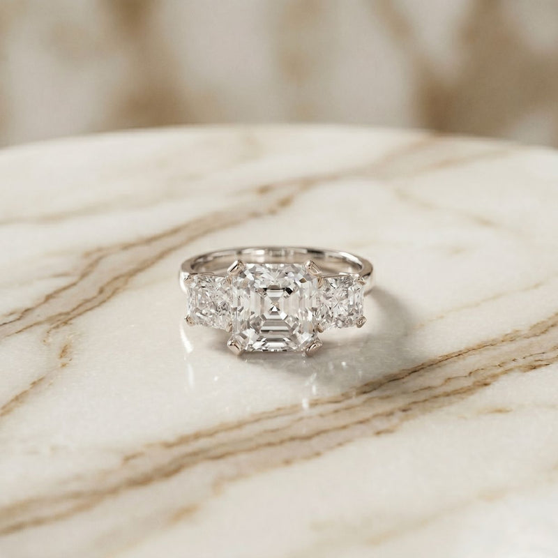 Emerald &  Square Lab Grown Diamond Meridian Three Stone Ring For Her