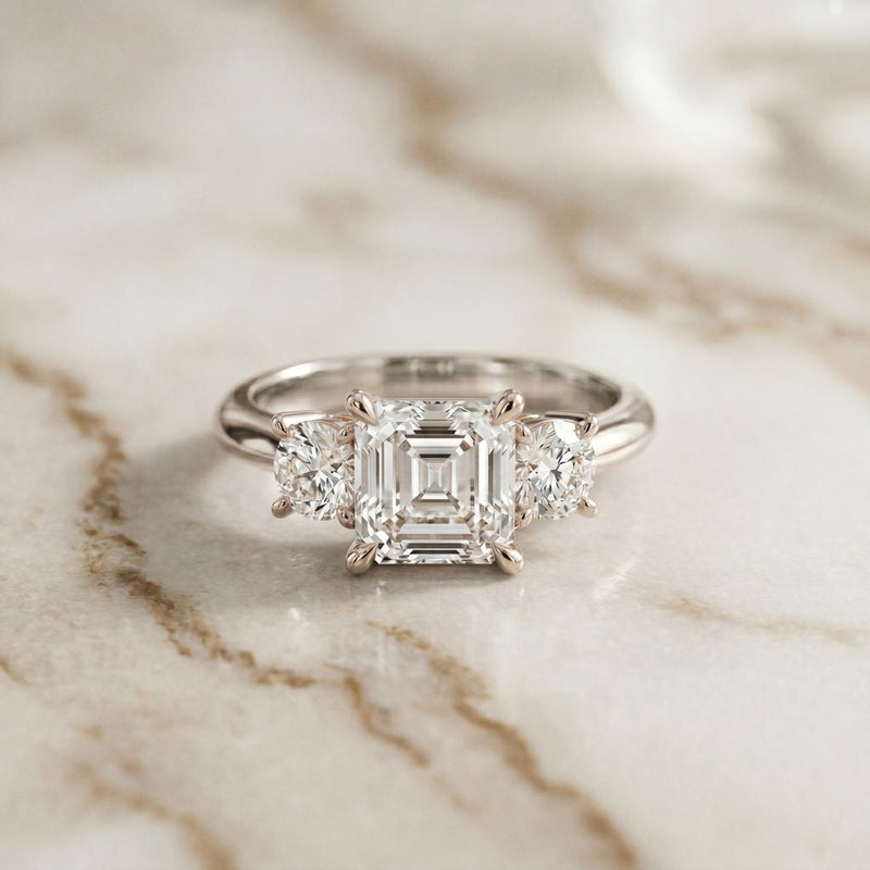 3.40CTW Asscher Valoria Lab Grown Diamond Three Stone Ring