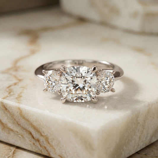 3.40CTW Cushion Rosalyn Lab Grown Diamond Three Stone Ring