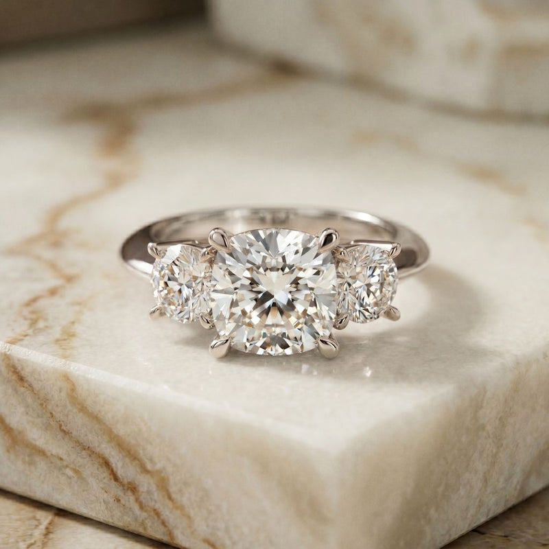 3.40CTW Cushion Rosalyn Lab Grown Diamond Three Stone Ring