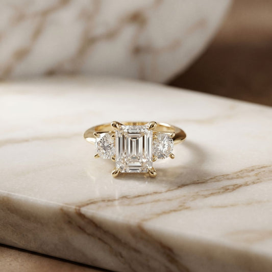 Valoria Lab Grown Diamond Three Stone Ring 3.40CTW Emerald Cut
