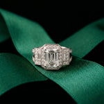 3.55CTW Emerald Cut Art Deco Halo Lab Grown Diamond Engagement Ring For Women White