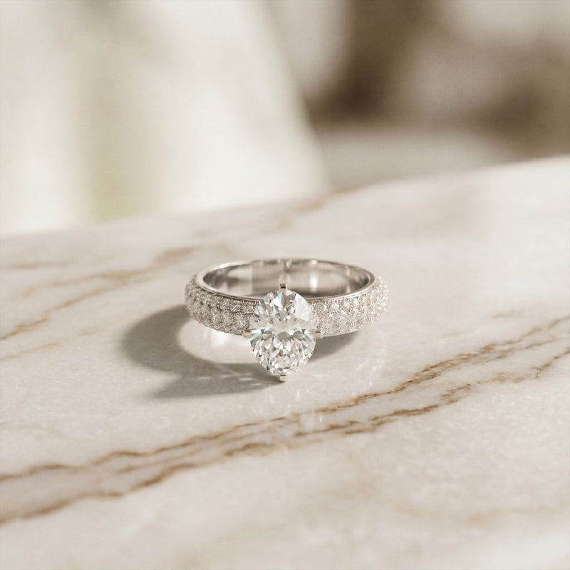2 CTW Oval Cut Triple Pavé Lab Grown Diamond Engagement Ring For Women White