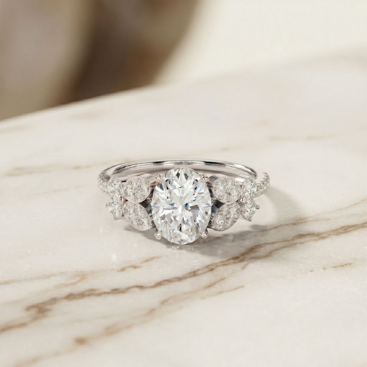 1.45CTW Oval Cut Floral Vine Lab Grown Diamond Engagement Ring For Women White