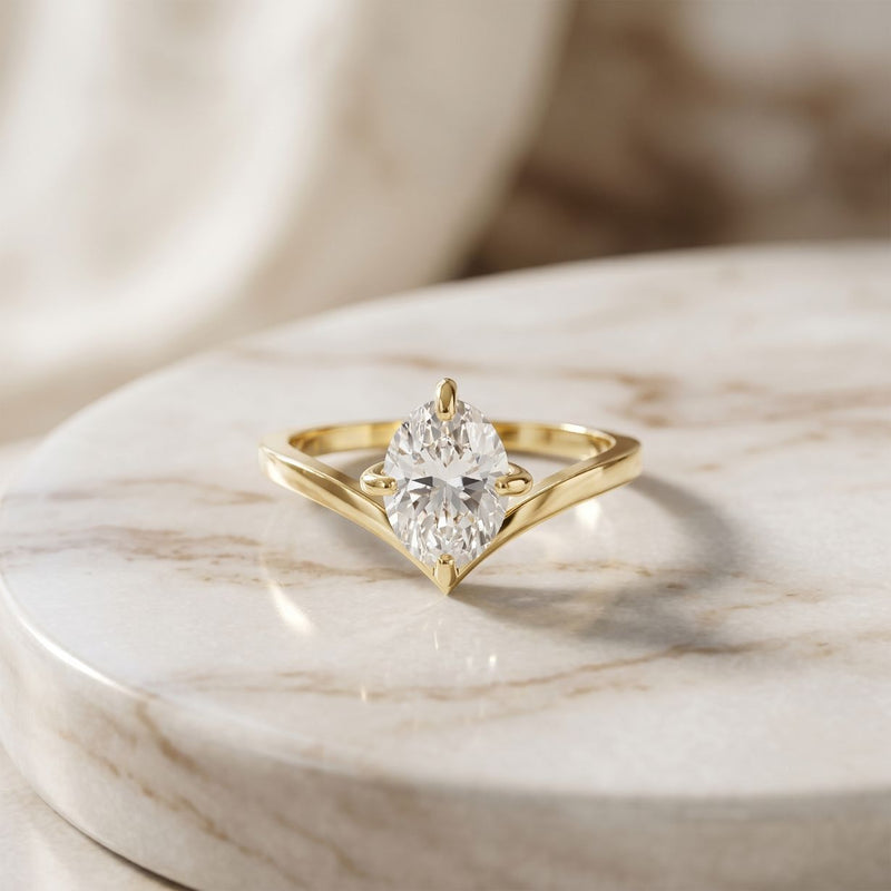 0.10CTW Oval Cut Chevron Solitaire Lab Grown Diamond  Ring For Women Gold