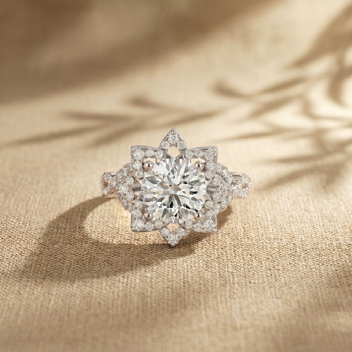 1.80CTW Round Cut Ornate Star Halo Lab Grown Diamond Engagement Ring For Women White