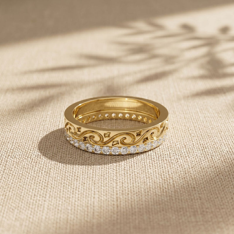 0.55CTW Round Cut Vintage Scroll Pavé Lab Grown Diamond Wedding Band For Women Gold