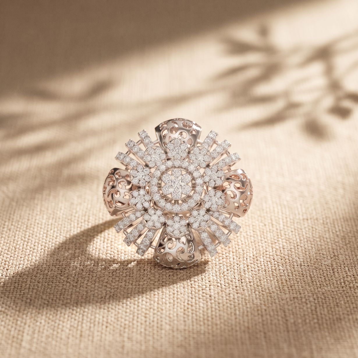 2CTW Round Cut Lab Grown Diamond Floral Statement Ring for Women White