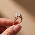 2.35CTW Pear Cut Lab Grown Diamond Romantic Scroll Halo Ring for Women Rose Gold