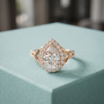 2.35CTW Pear Cut Lab Grown Diamond Romantic Scroll Halo Ring for Women Rose Gold