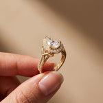 2.35CTW Pear Cut Lab Grown Diamond Romantic Scroll Halo Ring for Women Gold