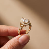 2.35CTW Pear Cut Lab Grown Diamond Romantic Scroll Halo Ring for Women Gold